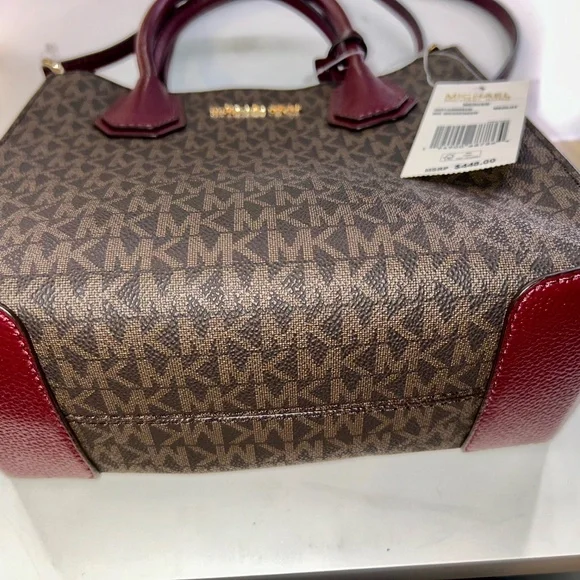 Michael Kors Mercer Medium Messenger Satchel Brown MK Logo Merlot Leather Crossb - Picture 2 of 6